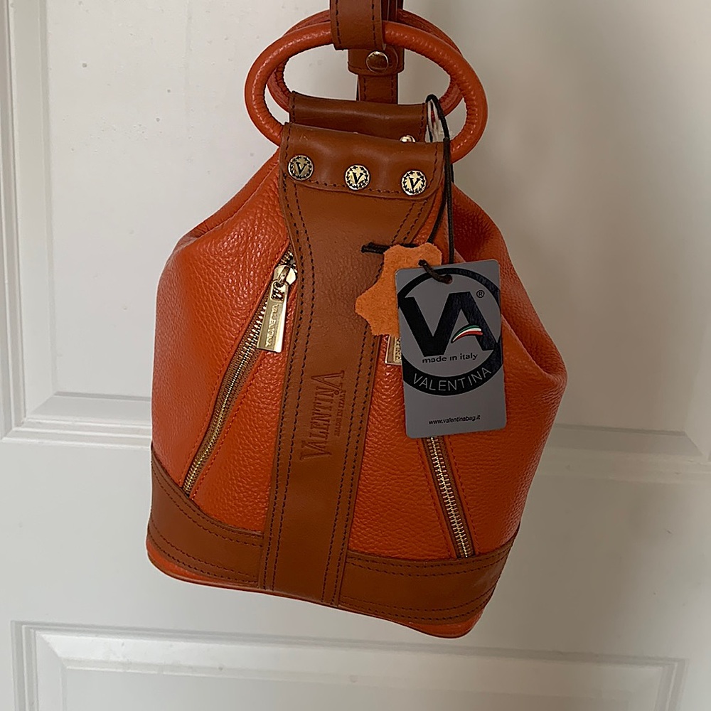 VALENTINA Italian Leather Convertible Sling Backpack Handbag Orange and Brown